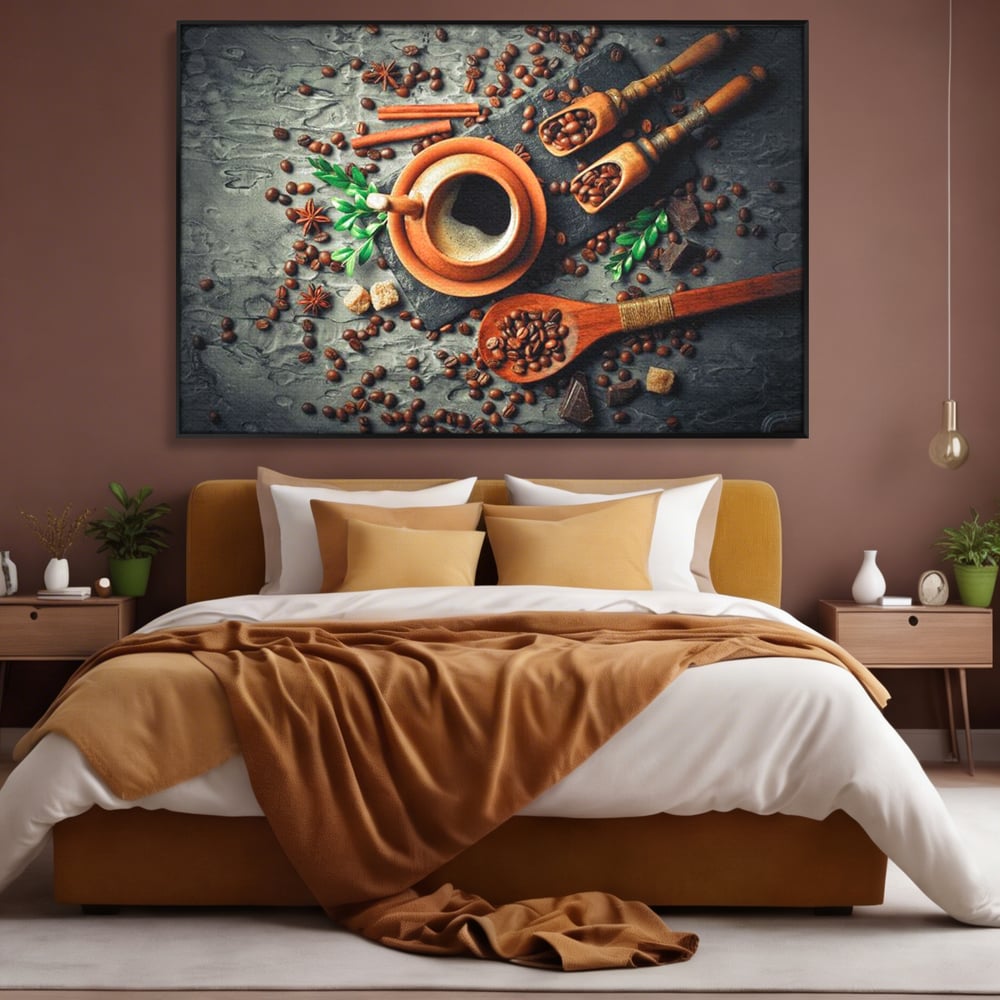 Tablou canvas cu ceasca de cafea si boabe, in rama de aluminiu negru, pe perete intr-un dormitor